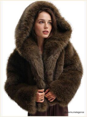 Faux Fur Hooded Cropped Coat Winter Warm Fluffy Jacket